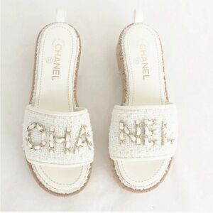 Authentic Chanel Elegant White and Cream Slides/ Mules Size 36